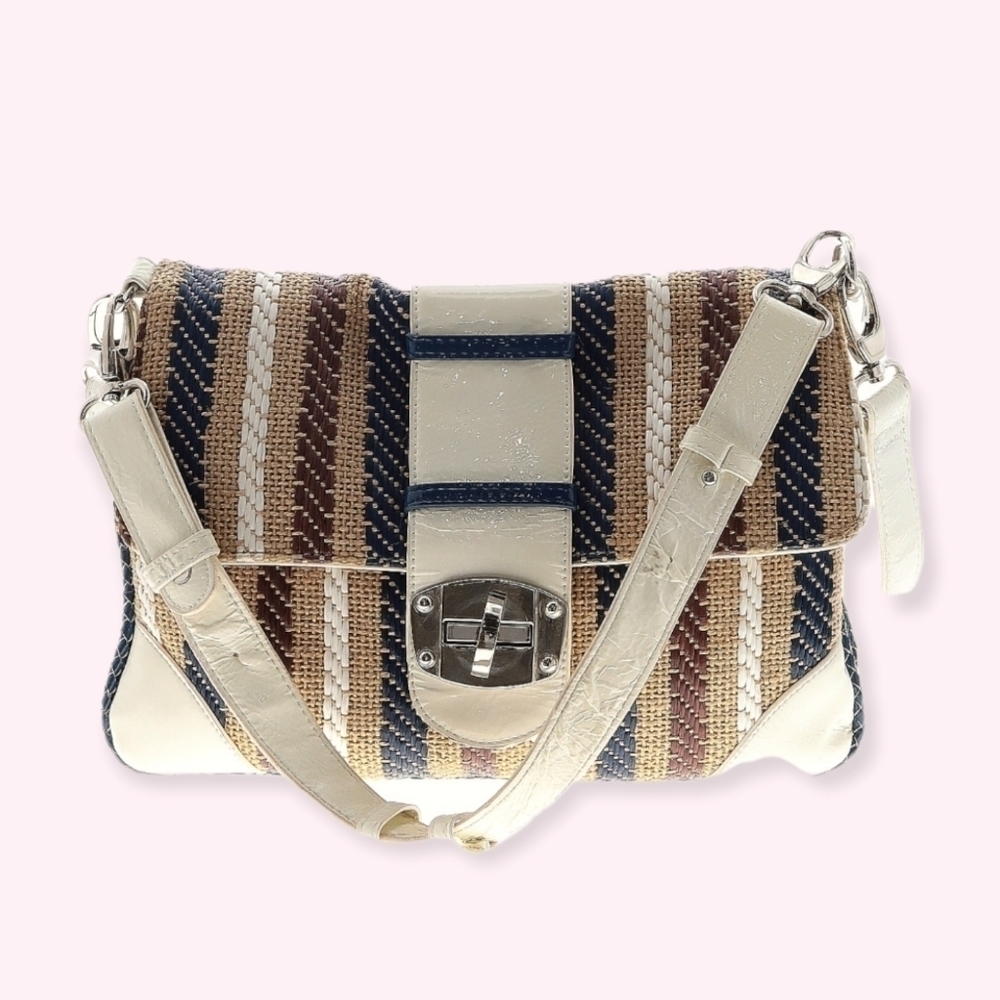 70s Canvas & Leather Turn Lock Satchel Crossbody Handbag Striped Neutral Boho - Picture 4 of 11
